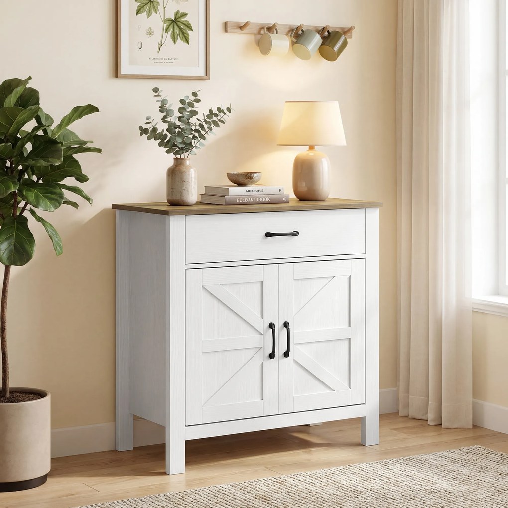 HOMCOM Bufet pentru living, mobilier de depozitare cu 2 uși tip hambar, sertar și poliță reglabilă, 77x39,3x81,5cm, alb și maro | Aosom Romania