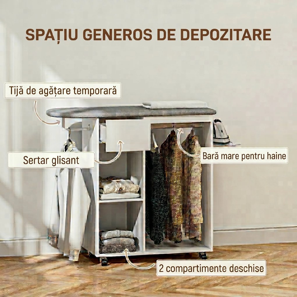 HOMCOM Masă de Călcat cu Suport pentru Fier de Călcat, Suport pentru Haine, Sertar și Raft, 125x43,5x112 cm, Alb | Aosom Romania