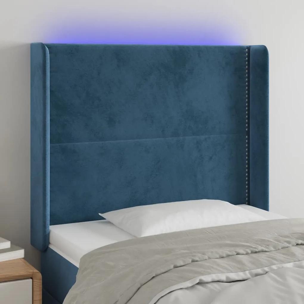 3123942 vidaXL Tăblie de pat cu LED, albastru închis, 83x16x118/128cm, catifea