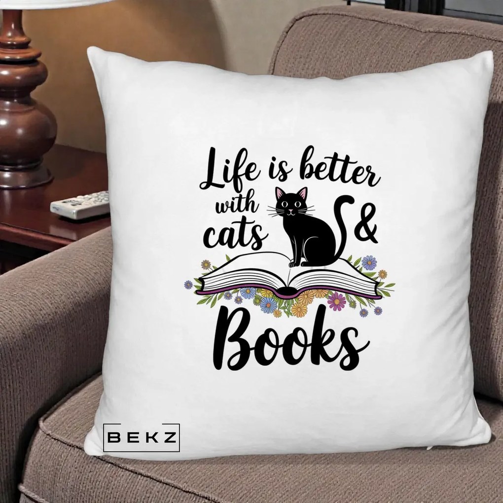 Perna Personalizata Life is Better Cats and Books, 40x40 cm, Alb Pufos, Husa Detasabila, Perna Inclusa, BEKZ®
