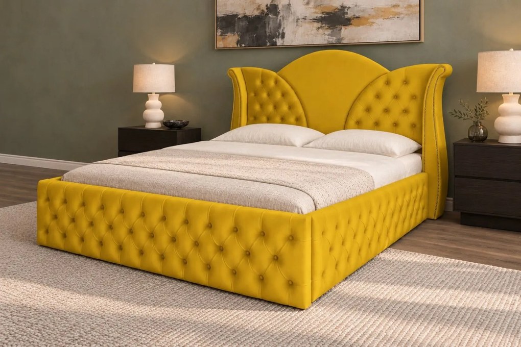 Pat tapițat Chesterfield din catifea Velora Deluxe Classic 180×200 cm, galben muștar, cu ladă de depozitare