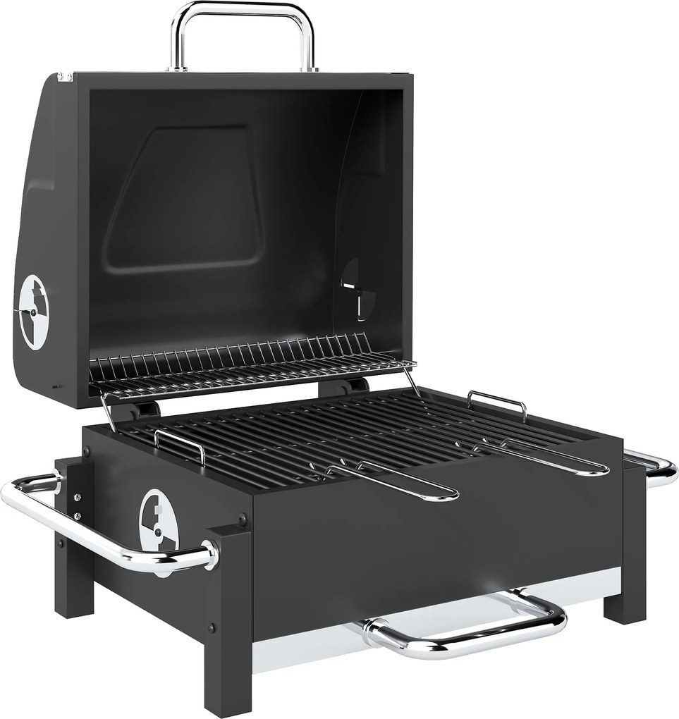 Outsunny Grătar Pe Cărbuni cu Orificii de Ventilație, Sertar pentru Cenușă, Grătar Portabil cu Termometru, Grătare, Capac, Mâner din Oțel Inoxidabil, BBQ pe Cărbuni pentru Grădină Camping, Negru | Aosom Romania