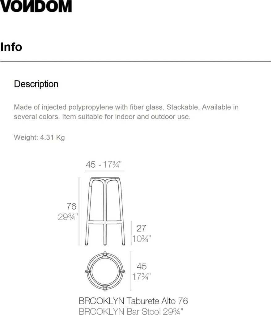Set de 4 Scaune inalte / Tabureti de bar exterior / interior design modern premium BROOKLYN COUNTER STOOL H-66cm 65028 Vondom