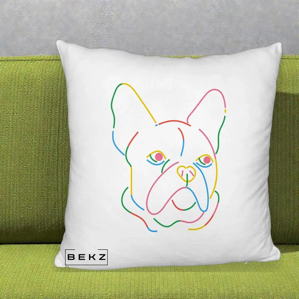 Perna Decorativa Bulldog Francez Line Art Curcubeu, 40x40 cm, Alb Pufos, Husa Detasabila, Perna Inclusa, BEKZ®