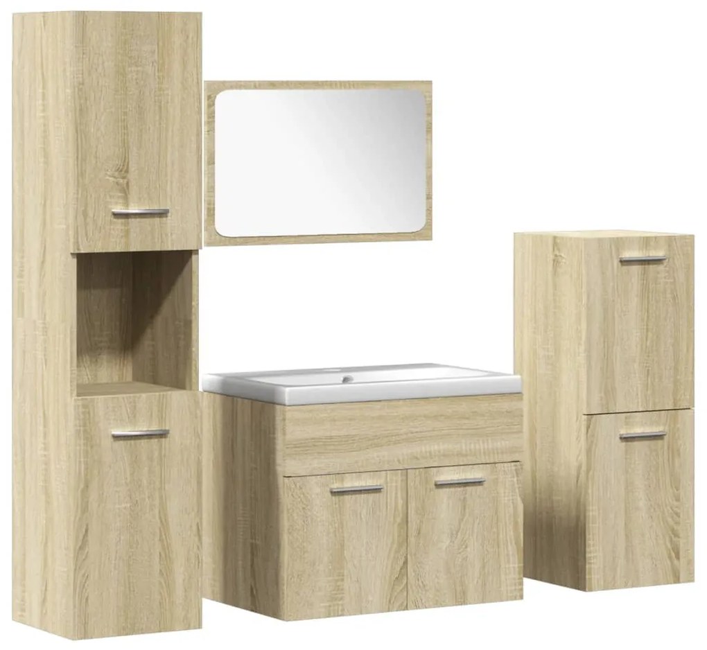 3325002 vidaXL Set mobilier de baie, 5 piese, stejar sonoma, lemn prelucrat