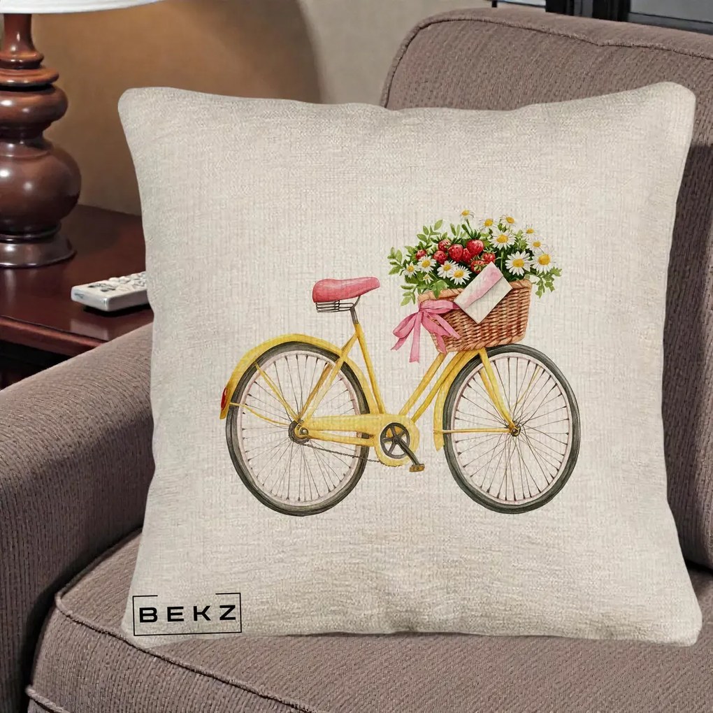 Perna Decorativa Bicicleta Galbena cu Cos de Flori Primavara, 40x40 cm, Bej Canapea, Husa Detasabila, Perna Inclusa, BEKZ®