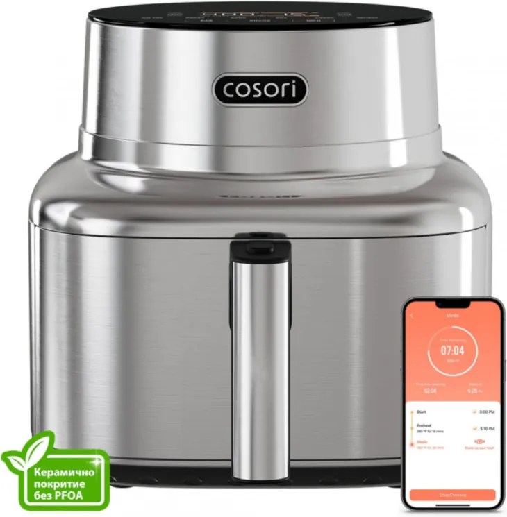 Friteuză cu aer cald Cosori Iconic CAF-SE601S, 1725 W, 6,2 l, 30-230 °C, 6 programe, cronometru, acoperire ceramică, inox/negru