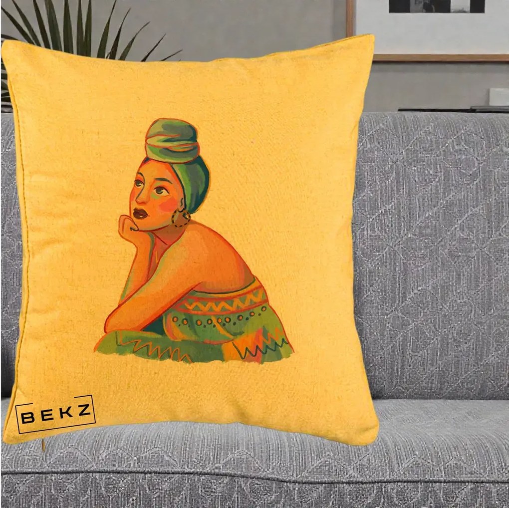 Perna Decorativa Portret Femeie Contemplativa, 40x40 cm, Galben, Husa Detasabila, Perna Inclusa, BEKZ®