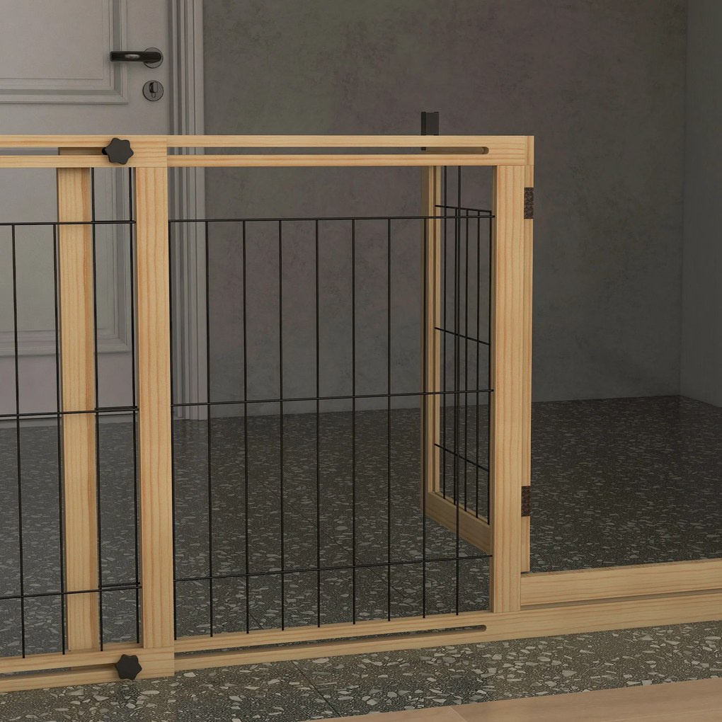 PawHut Gard Extensibil pentru Câini, Gard de Siguranță pentru Animale cu Ușă și 2 Panouri, Picioare Triangulare, 112-159x70 cm, Lemn Natural | Aosom Romania