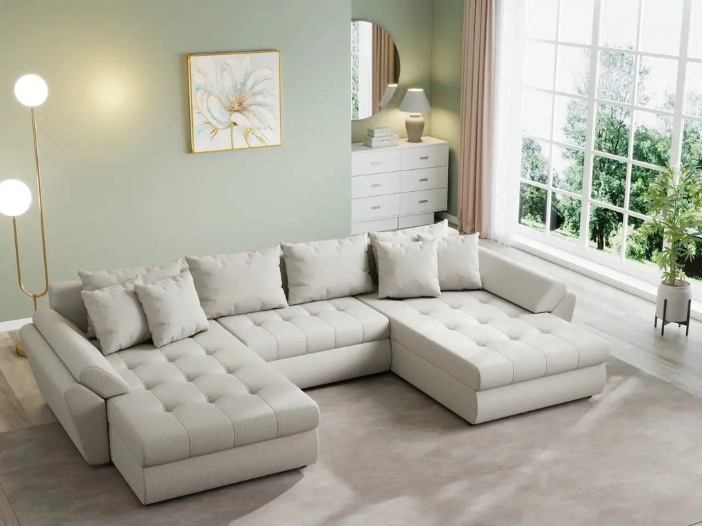 Colțar extensibil dumonde cu ladă de depozitare si sezut confortabil din spuma high-density, Loana U Enjoy Bej 355x185 cm