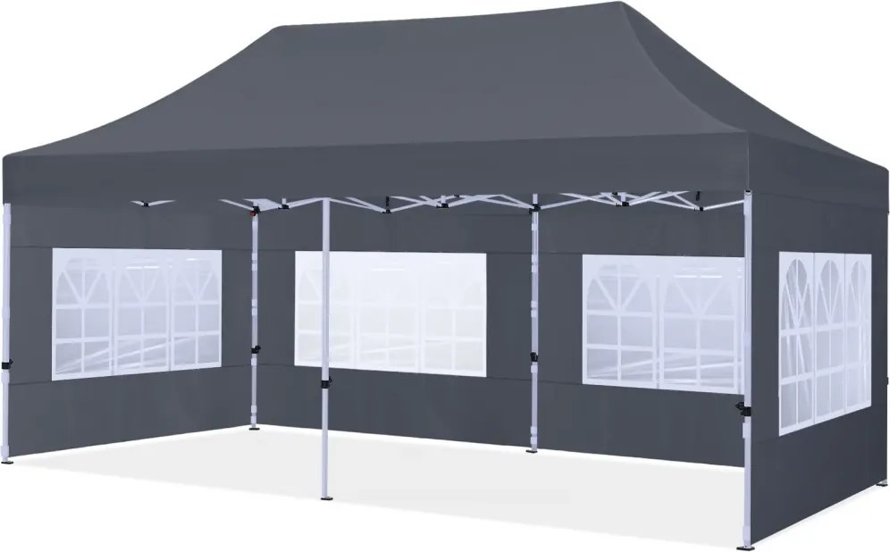 ABCCANOPY – Cort pavilion pliabil 6x3 m, înălțime reglabilă 3 trepte, pereți cu ferestre transparente, impermeabil, Gri,