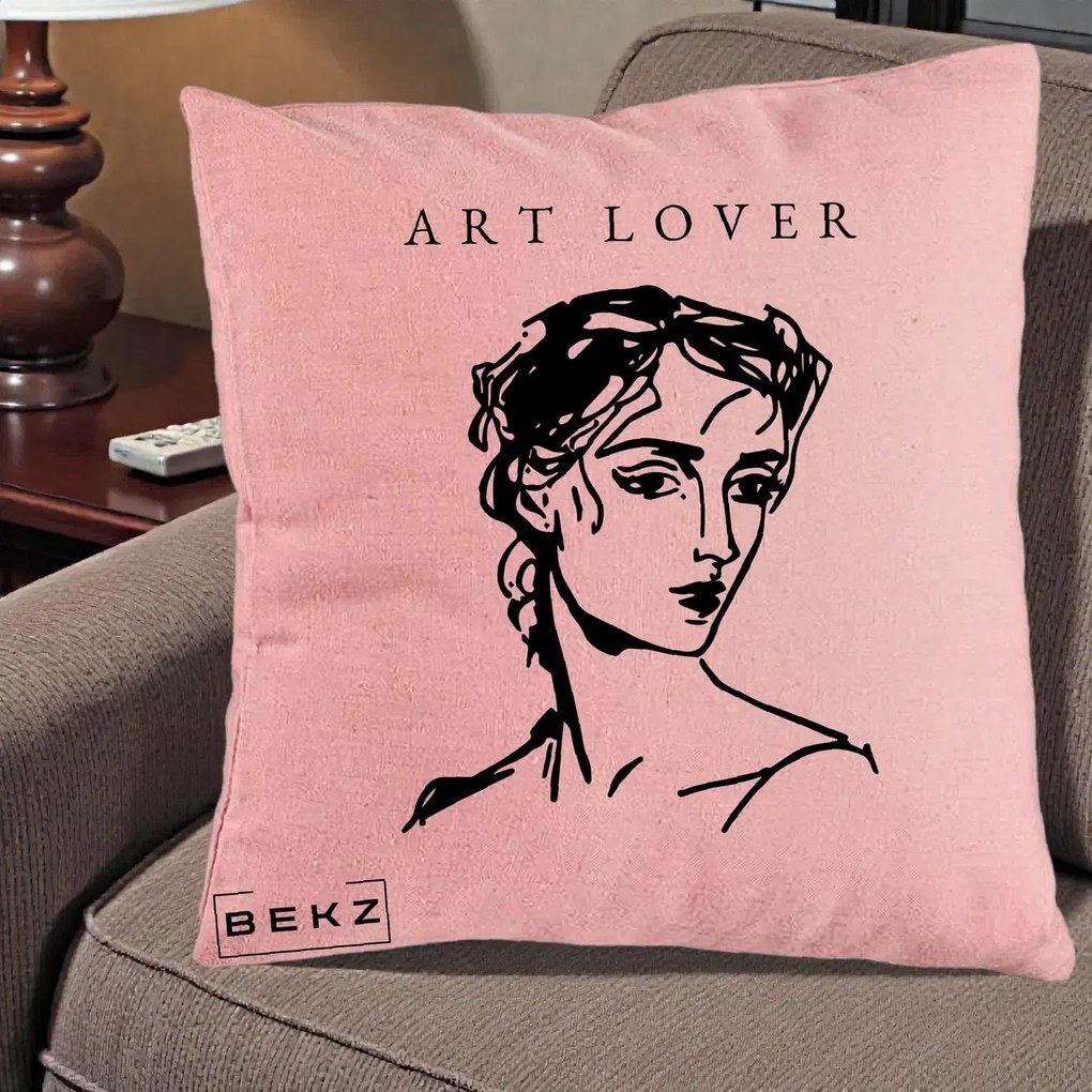 Perna Decorativa Art Lover Portret Grafic, 40x40 cm, Roz, Husa Detasabila, Perna Inclusa, BEKZ®