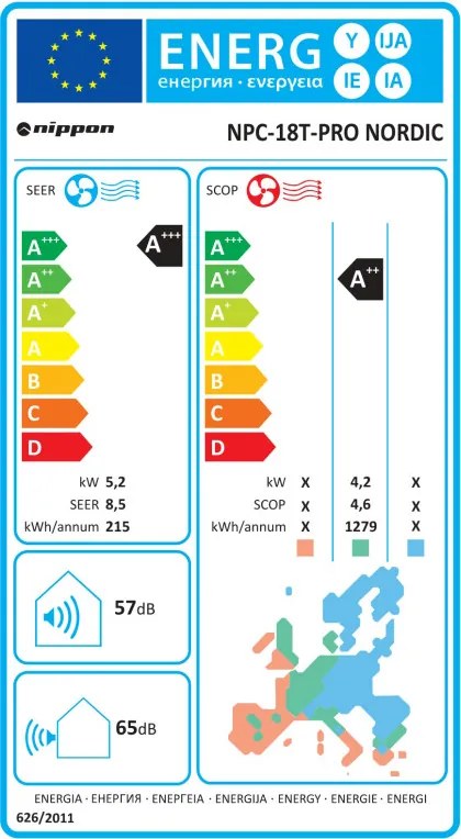 Aparat de aer condiționat cu invertor Nippon NPC 18 T-PRO NORDIC, 18.000 BTU, 35 m², A+++/A++, R-32, alb