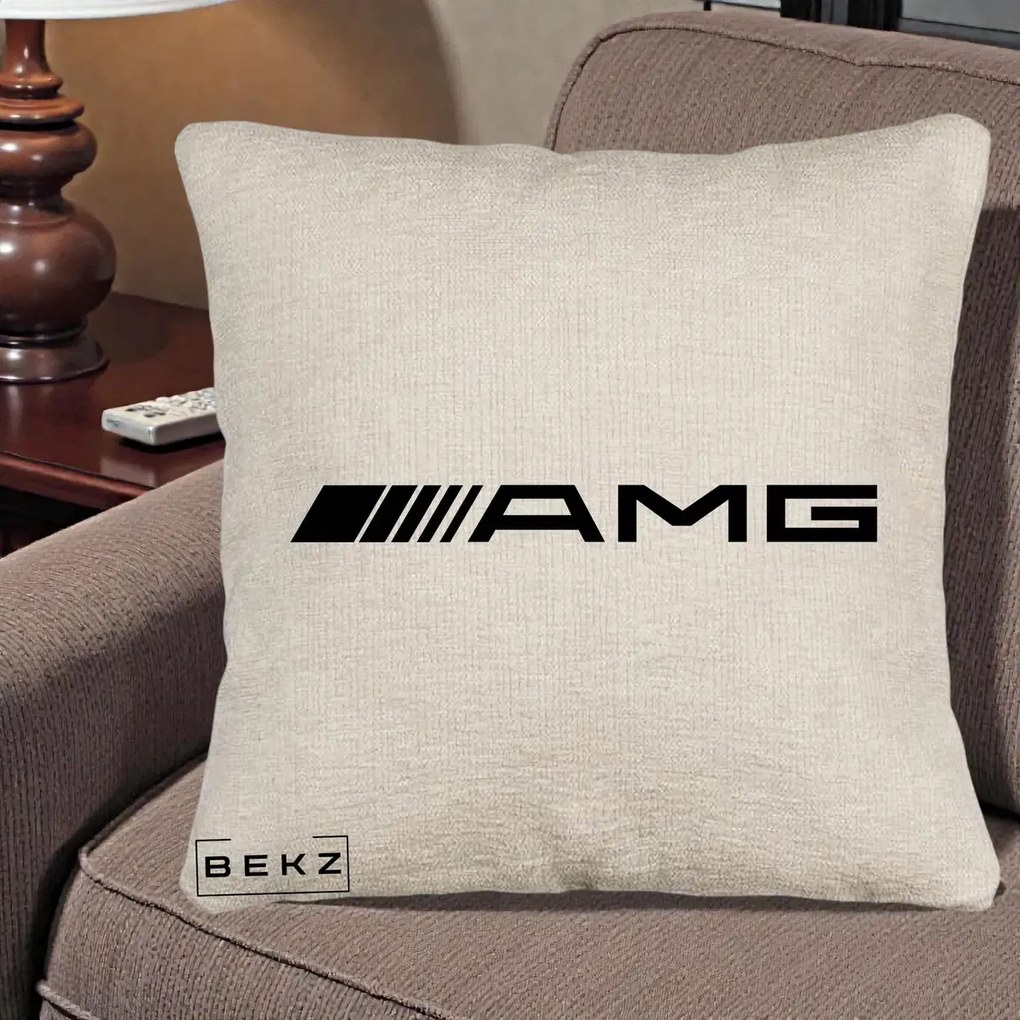 Perna Personalizata cu emblema Mercedes-AMG, 40x40 cm, Bej Canapea, Husa Detasabila, Perna Inclusa, BEKZ®