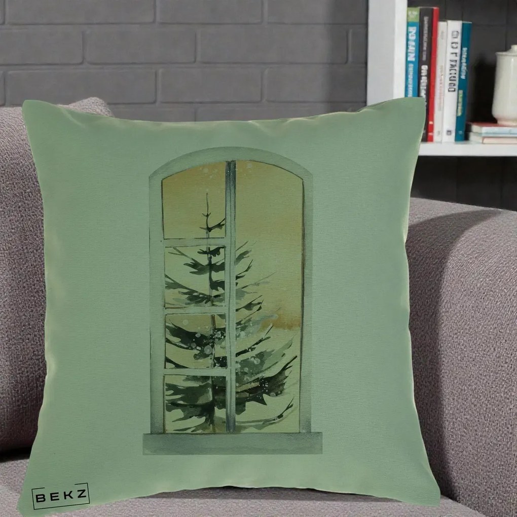 Perna Decorativa Fereastra cu Brad de Iarna, 40x40 cm, Verde, Husa Detasabila, Perna Inclusa, BEKZ®