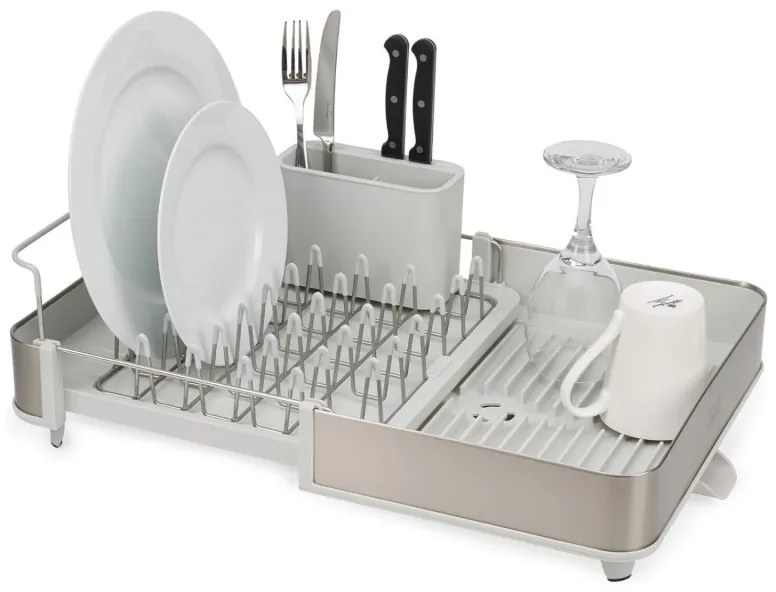 Uscator de vase Joseph Joseph Extend 851692, Extensibil, Drenaj, Suport ustensile si tacamuri detasabil, Sampanie/Alb