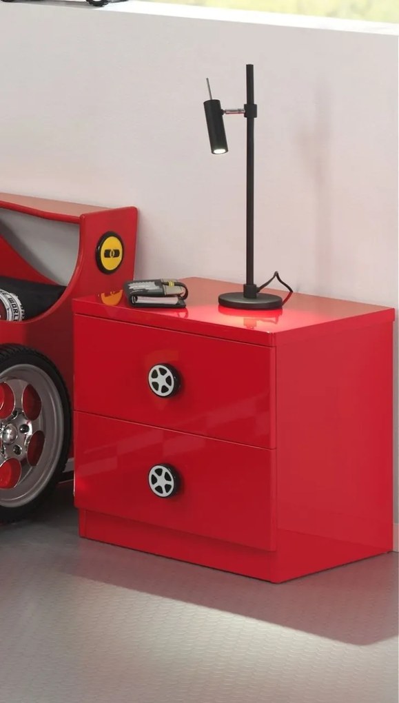 Noptieră pentru copii Monza roșie din MDF cu 2 sertare soft-close și mânere în formă de roți – Vipack