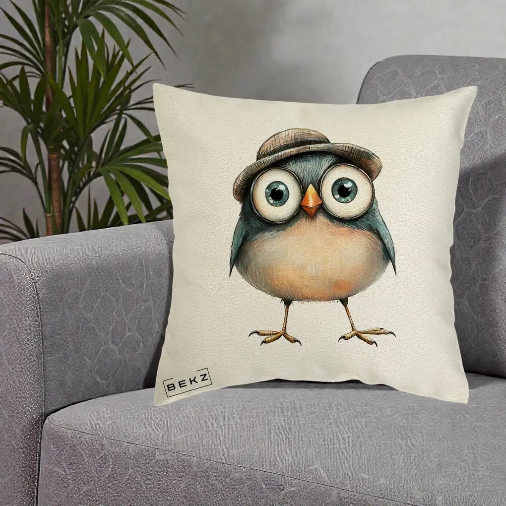 Perna Decorativa Pui cu Palarie Rotunda, 40x40 cm, Ecru, Husa Detasabila, Perna Inclusa, BEKZ®