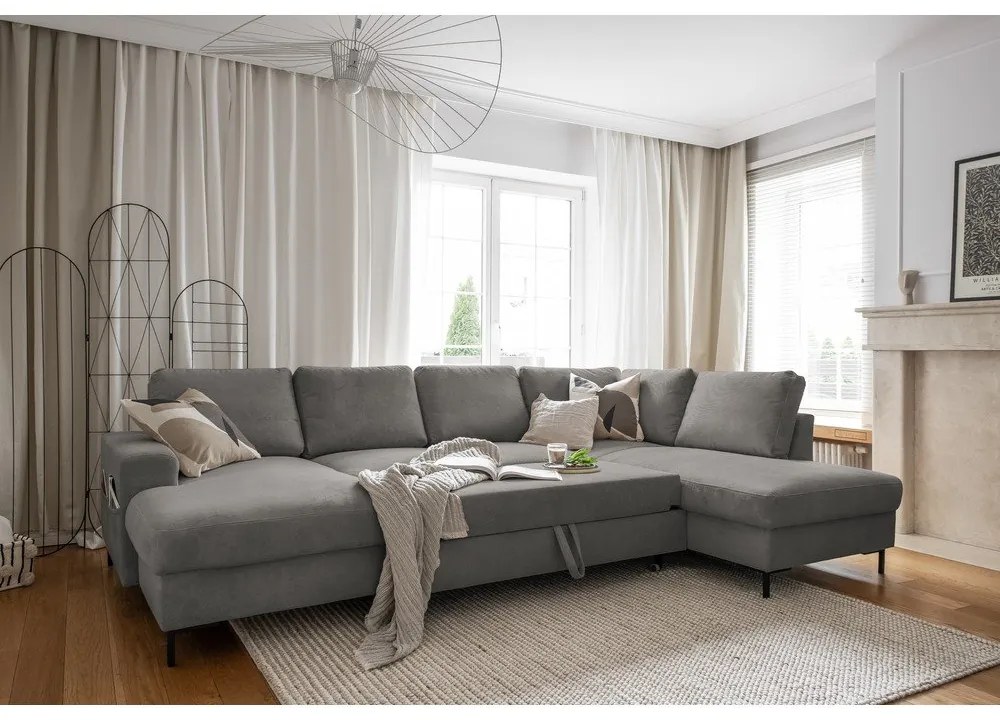 Colțar gri extensibil cu tapițerie din catifea reiată (cu colț pe partea dreaptă) Lofty Lilly – Miuform