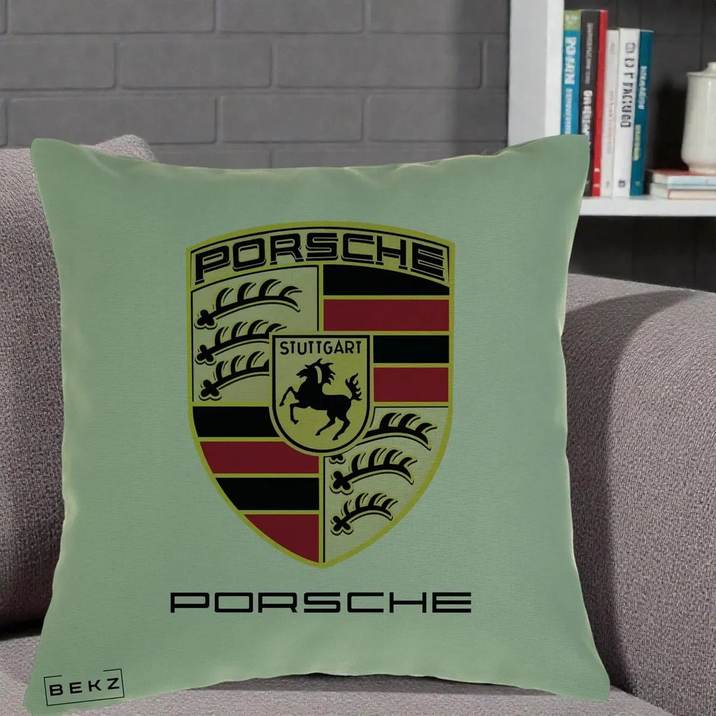 Perna Personalizata Porsche Stuttgart, 40x40 cm, Verde, Husa Detasabila, Perna Inclusa, BEKZ®