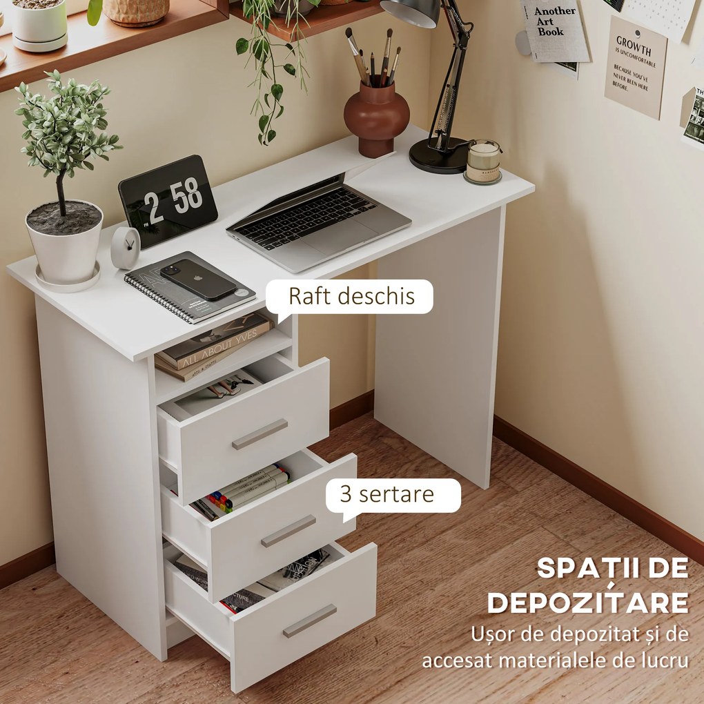 HOMCOM Birou pentru Calculator cu 3 Sertare și Spațiu de Depozitare, 100x40x75 cm, Alb | Aosom Romania