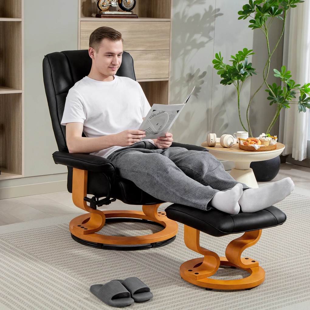 HOMCOM Fotoliu de relaxare inclinabil cu suport pentru picioare, pivotant, cadru din lemn, material sintetic negru | Aosom Romania