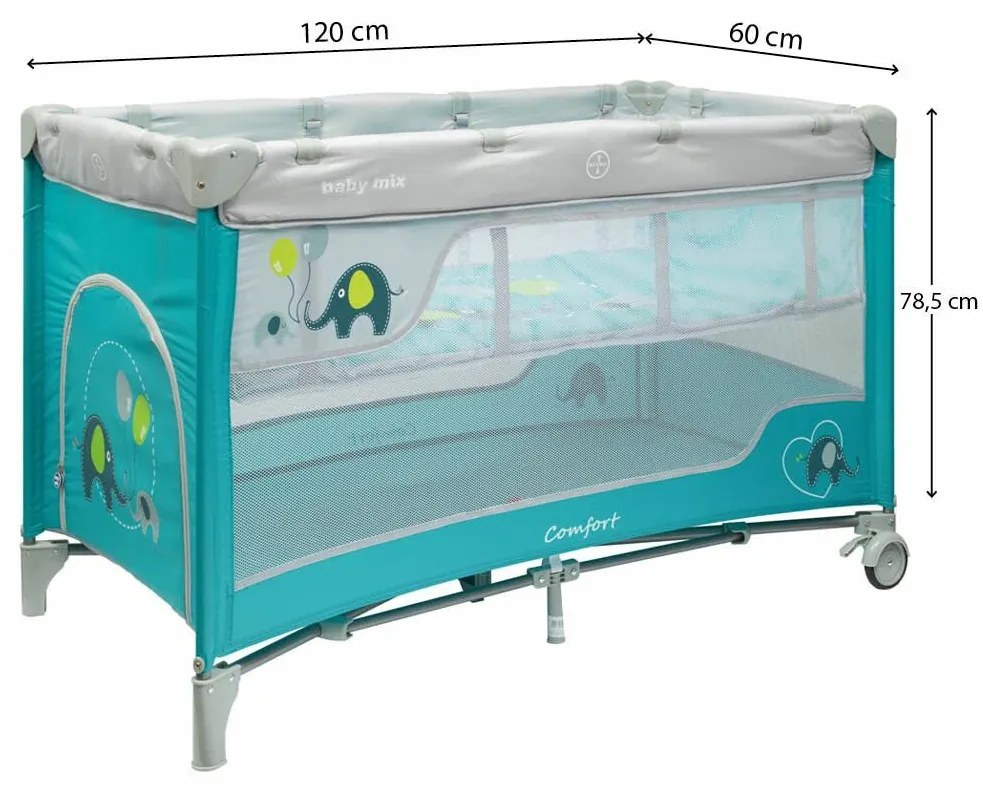 Pătuț de călătorie cu pat suspendat Baby Mix Elefanți albastru, 120 x 78,5 x 62 cm