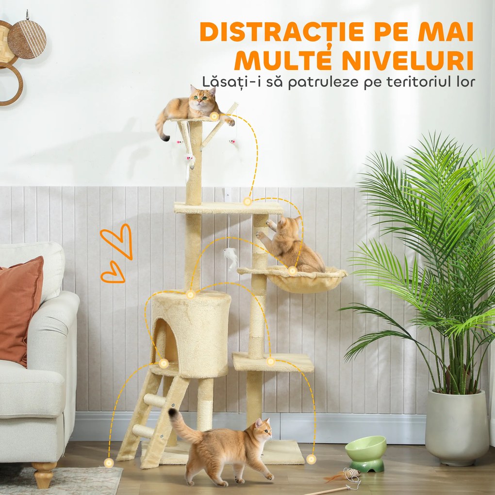 PawHut Turelă pentru pisici cu căsuță, stâlp de ascuțit gheare, platforme și 4 șoricei, din lemn, pluș și sisal, 50x35x134.2 cm, gri | Aosom Romania