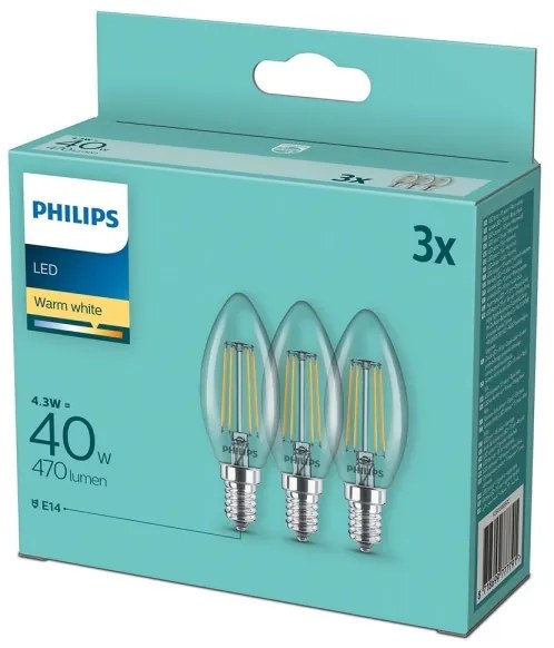 Set de 3 becuri LED vintage Philips B35, E14, 4,3 W, 230 V, 2700 K