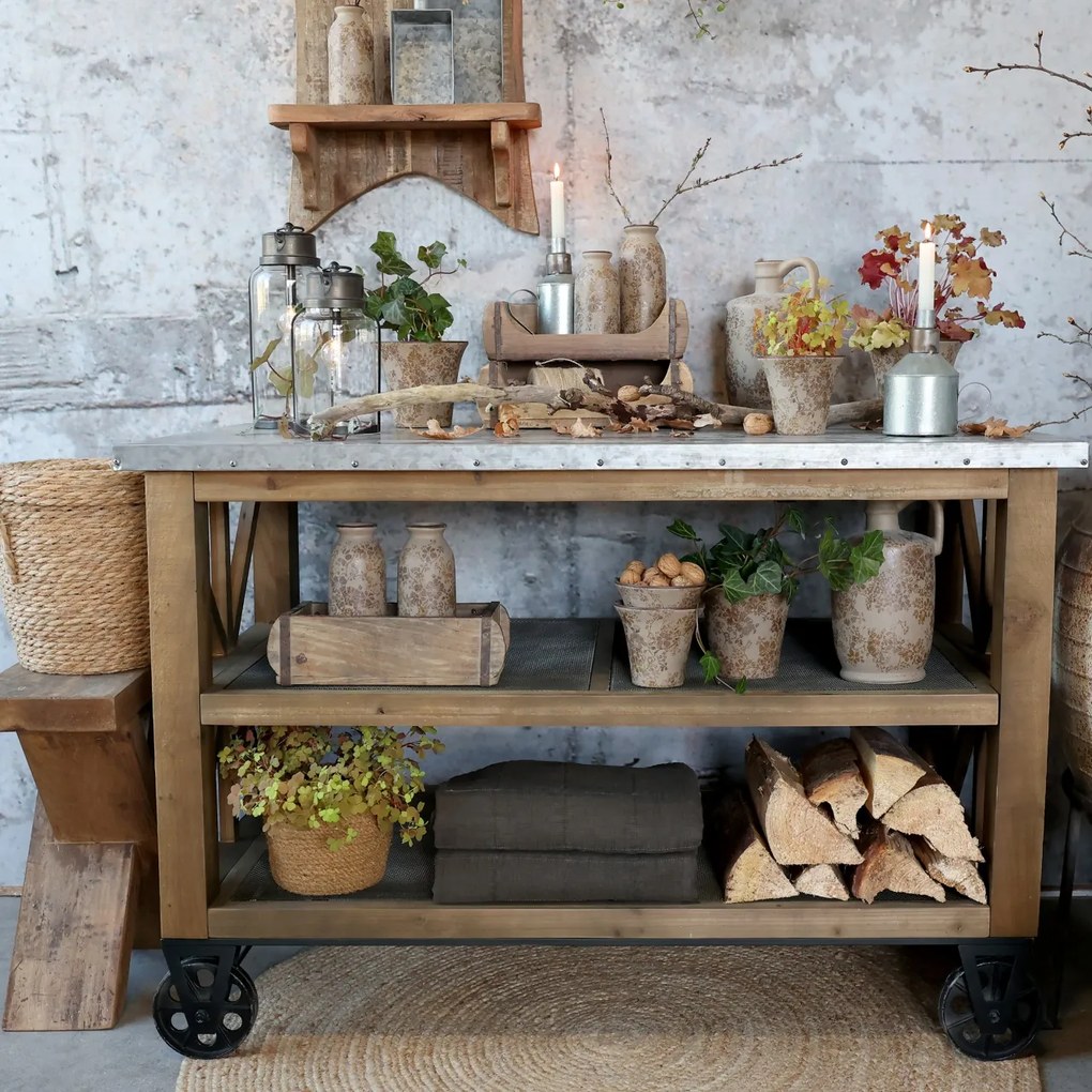 Insulă de bucătărie pe roți, cu blat din zinc și rafturi, natur, stil farmhouse