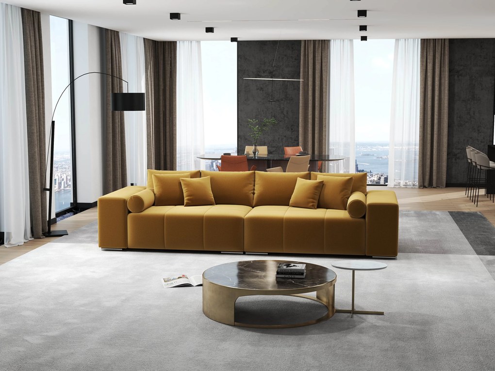 Canapea extensibilă dumonde cu ladă de depozitare si sezut confortabil din spuma high-density, Marbela Royal Mustar XXL 295x100 cm