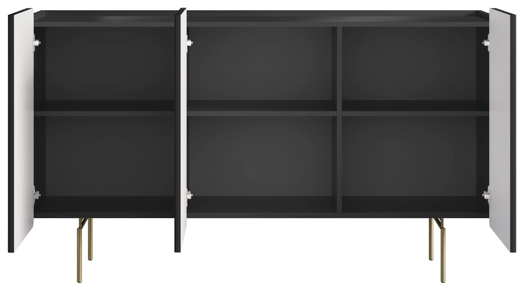 Comodă Malmi 150 cm cu trei uși - negru mat / picioare aurii