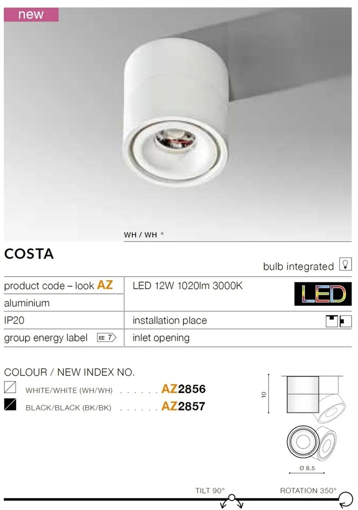 Spot LED aplicat directionabil de tavan/plafon COSTA alb