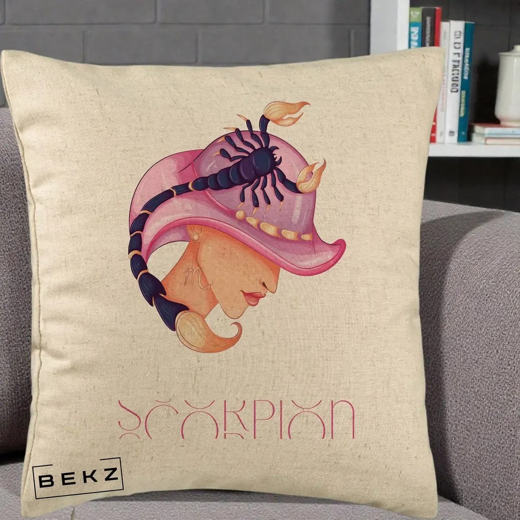 Perna Personalizata Zodiac Scorpion Cowgirl, 40x40 cm, Bej, Husa Detasabila, Perna Inclusa, BEKZ®