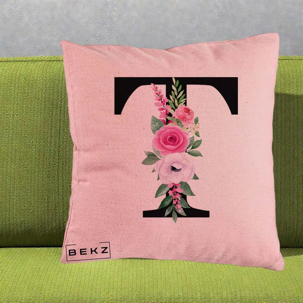 Cadou Personalizat - Perna Personalizata Monograma Florala Litera T, 40x40 cm, Roz, Husa Detasabila, Perna Inclusa, BEKZ®