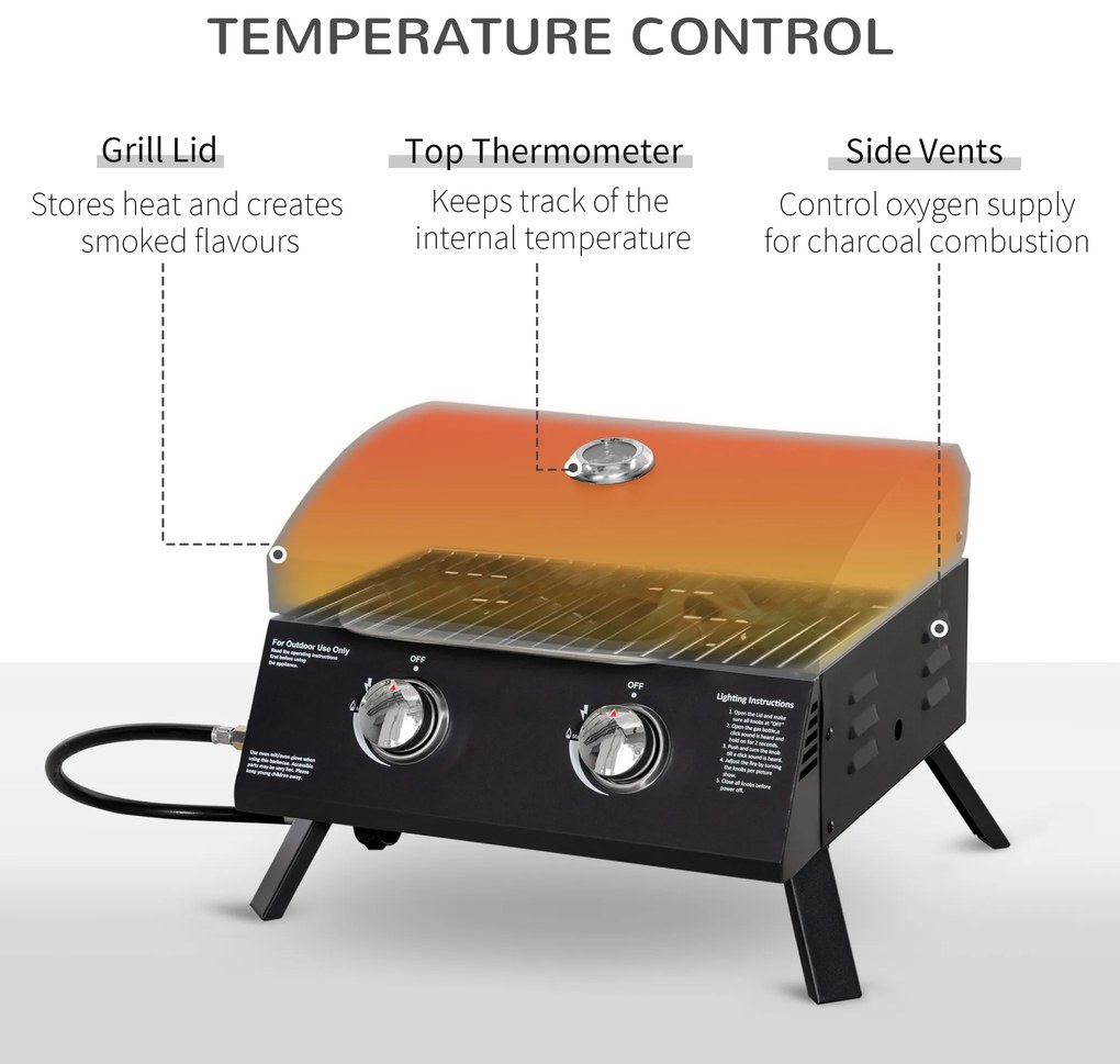 Gratar pe gaz cu 2 arzatoare Outsunny, portabil pliabil, termometru, otel carbon, Negru | Aosom Romania