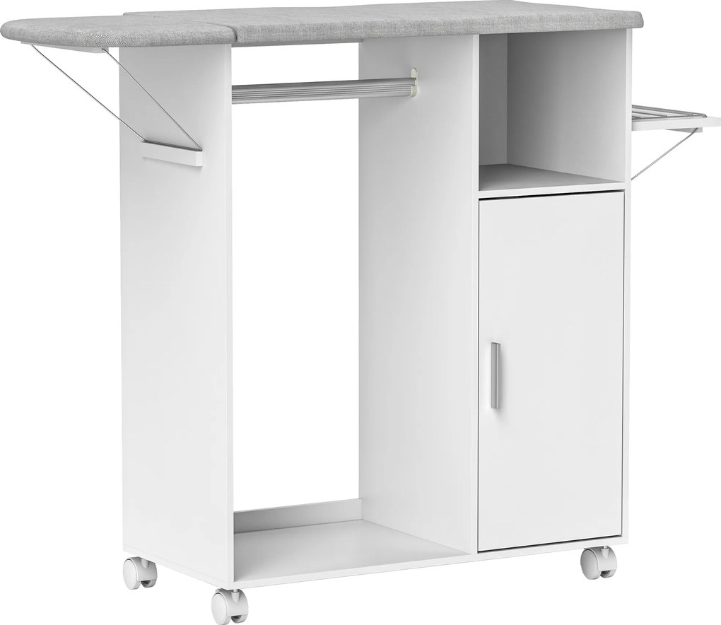 HOMCOM Dulap Multifuncțional cu Masă de Călcat | Blat din Tesatura Efect In | 3 Rafturi | Ghidaj pentru Agățat | 127x42.5x99 cm | Alb | Aosom Romania