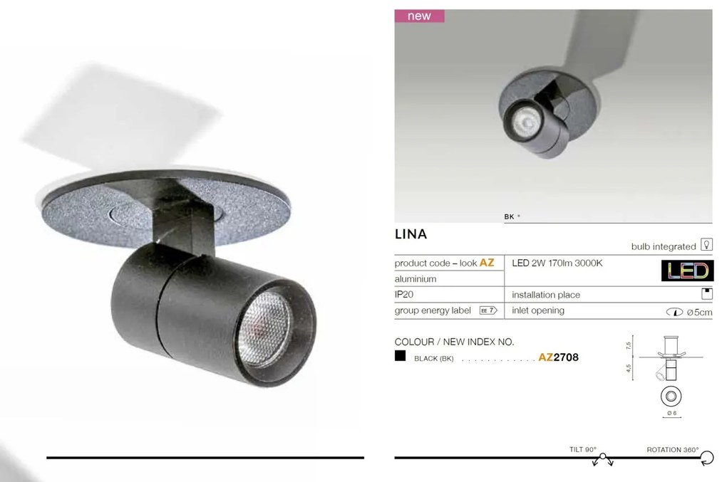 Spot LED incastrabil, directionabil pentru tavan/plafon LINA negru