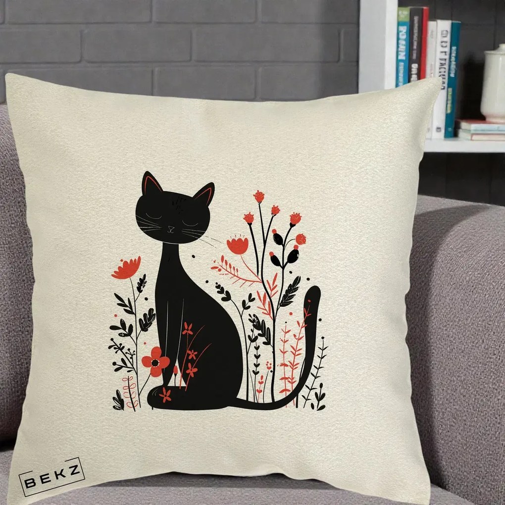 Perna Decorativa Pisica Neagra Flori Rosii Folk Minimal, 40x40 cm, Ecru, Husa Detasabila, Perna Inclusa, BEKZ®