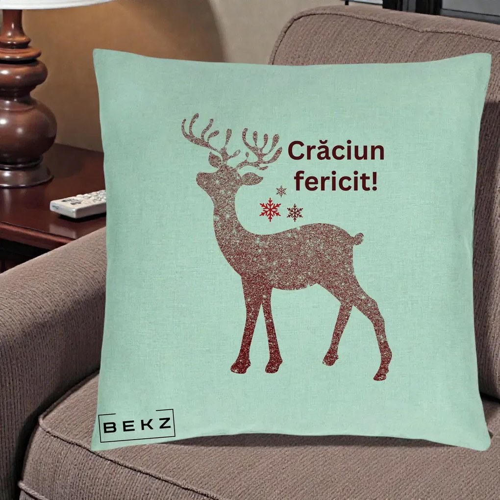 Perna Decorativa Ren Sclipitor Glitter Craciun Fericit, 40x40 cm, Verde Menta, Husa Detasabila, Perna Inclusa, BEKZ®