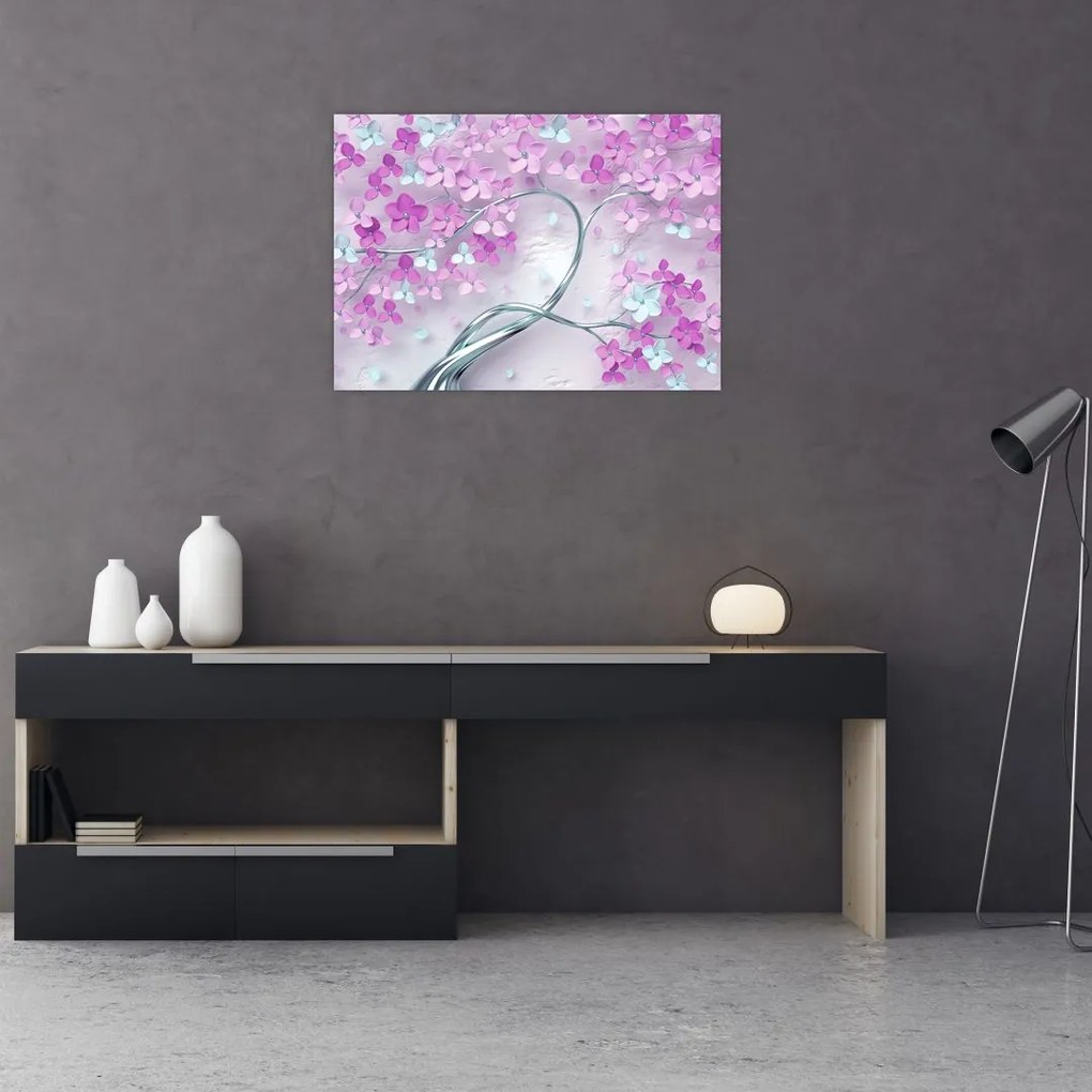 Tablouri cu flori pe trunchi argintiu - abstract (70x50 cm)