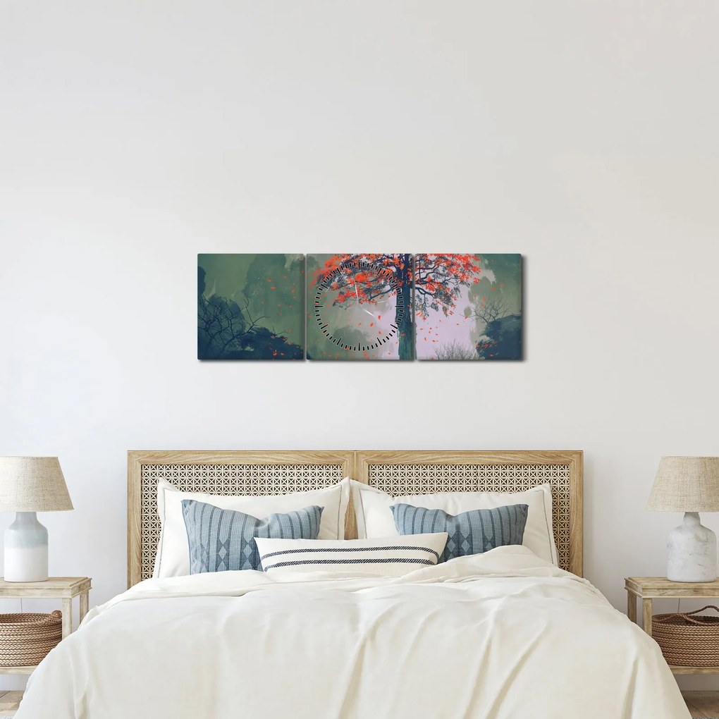 Tablou - Copacul roșu singuratic (cu ceas) (90x30 cm)