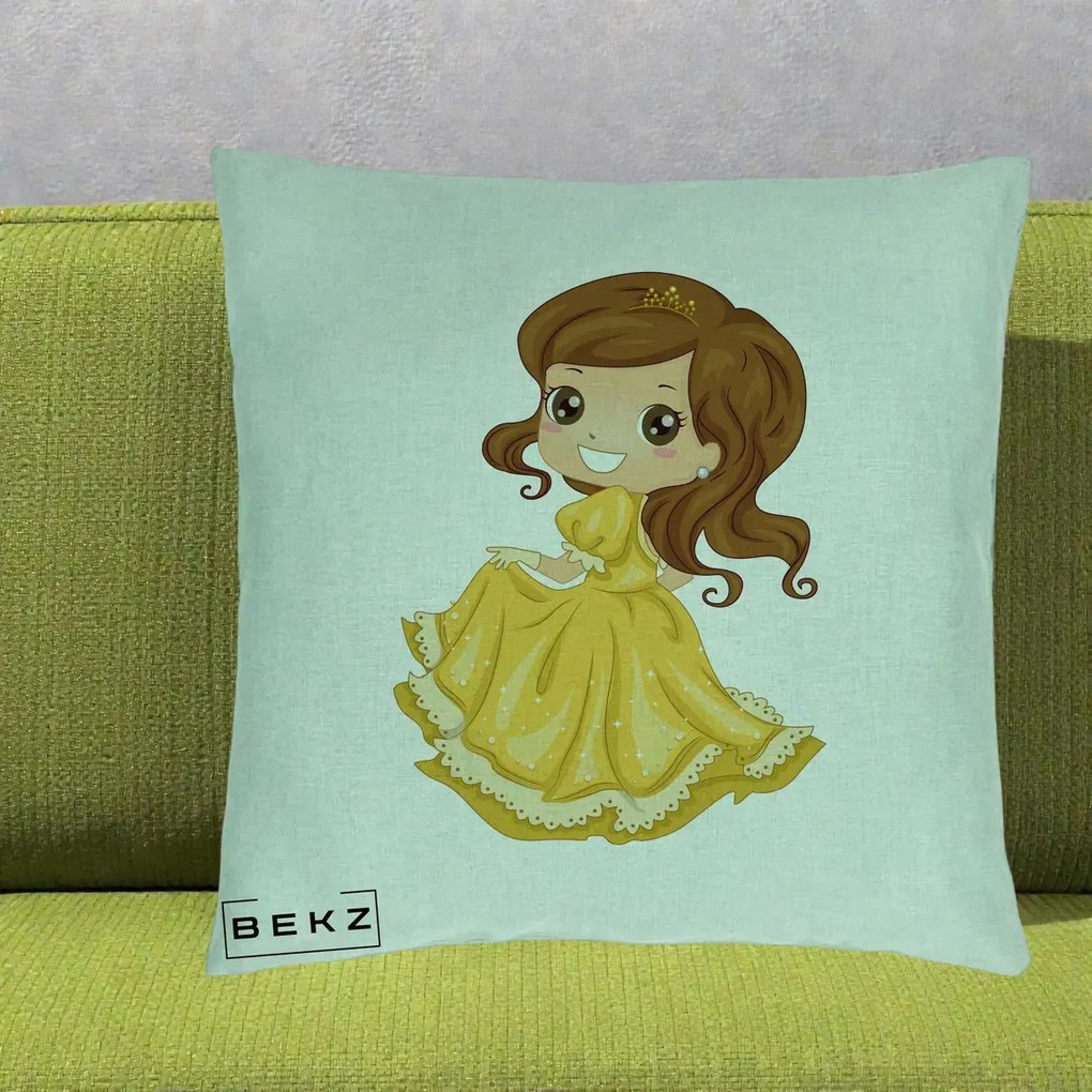 Perna Decorativa Printesa Bella Rochie Aurie, 40x40 cm, Verde Menta, Husa Detasabila, Perna Inclusa, BEKZ®