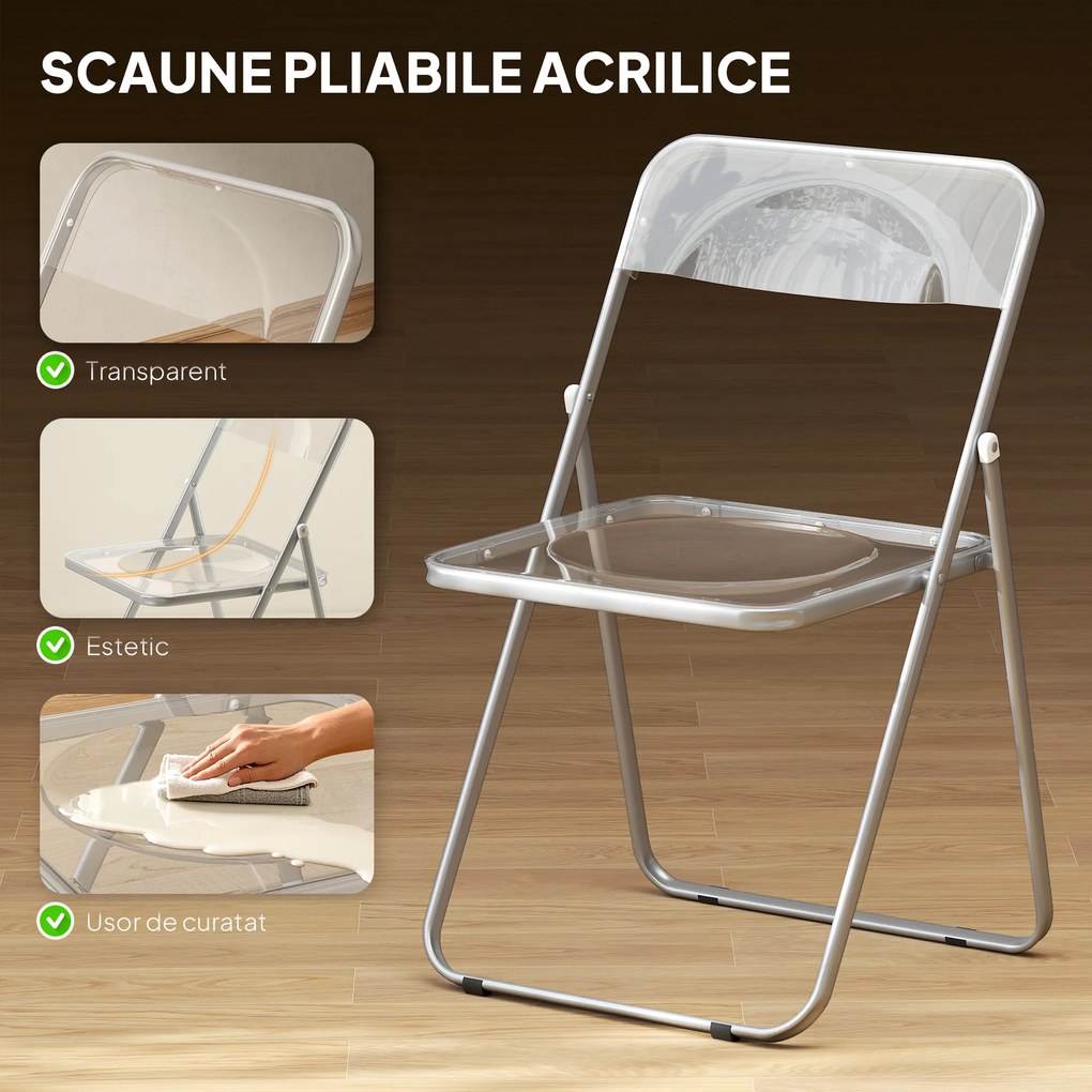 HOMCOM Set de 4 Scaune Pliabile din Acrilic, Scaune Pliabile Salvaspațiu din Oțel, Scaun Pliabil de Interior pentru Casă, Birou, Petrecere și Evenimente, 47x48x75 cm, Transparent | Aosom Romania