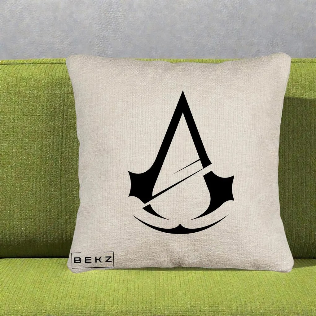 Perna Personalizata Assassin's Creed Minimalist, 40x40 cm, Bej Canapea, Husa Detasabila, Perna Inclusa, BEKZ®