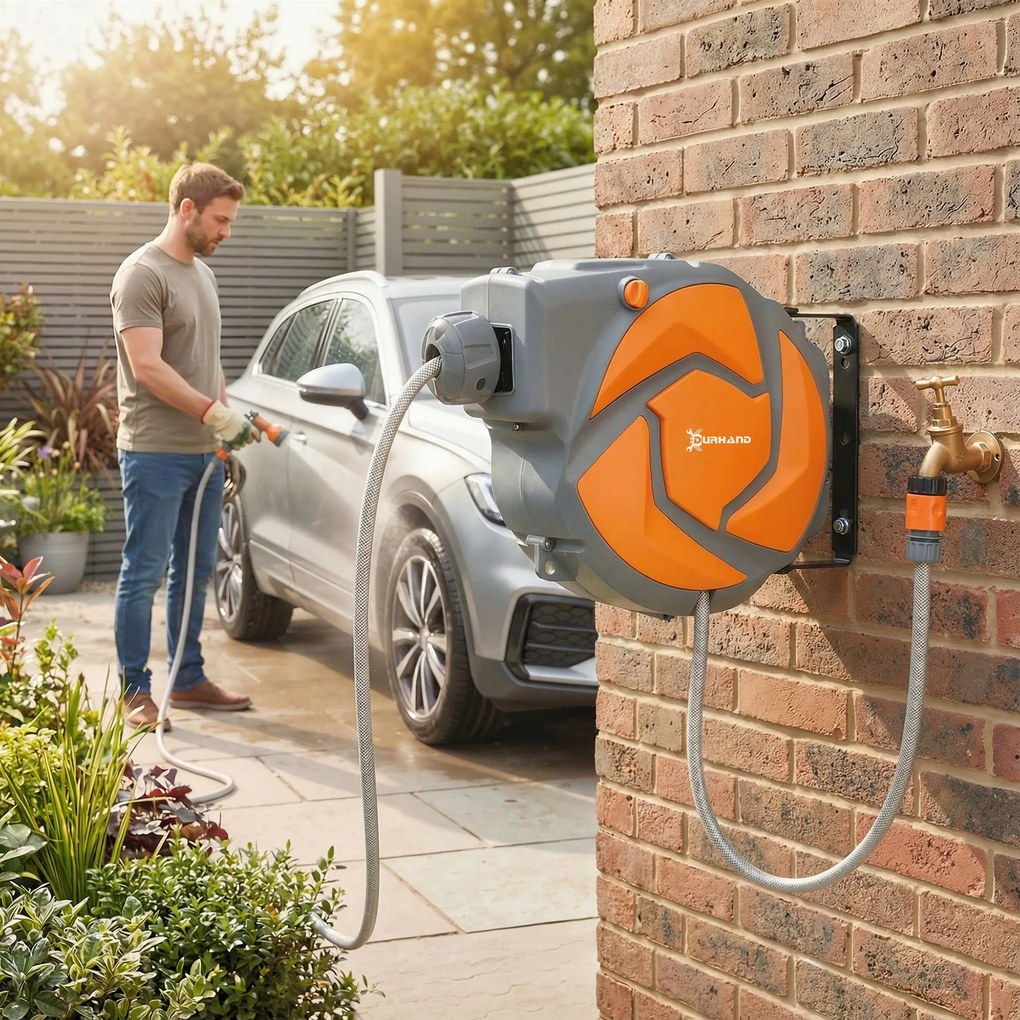 DURHAND Furtun retractabil de perete cu derulator 10+1 m, retragere automată și duză cu 7 funcții, rotire 180° | Aosom Romania