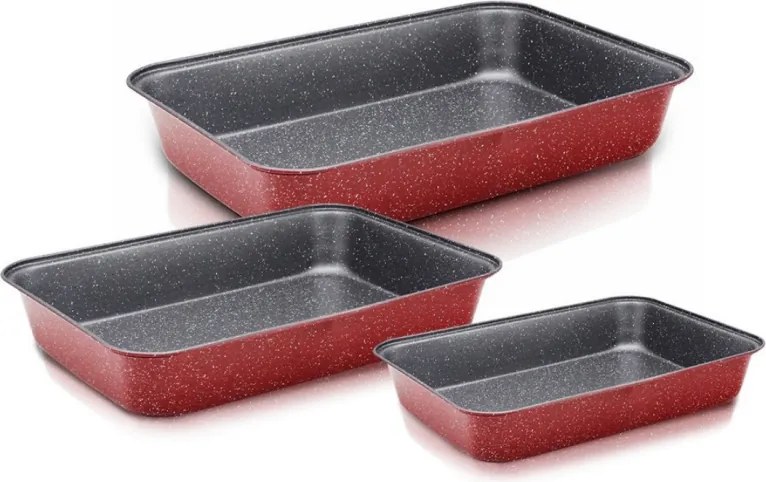 Set tavi de copt Oliver Voltz OV51222RS3, 3 buc, Acoperire din ceramica si marmura, Otel carbon, Fara PFOA, Rosu melanj