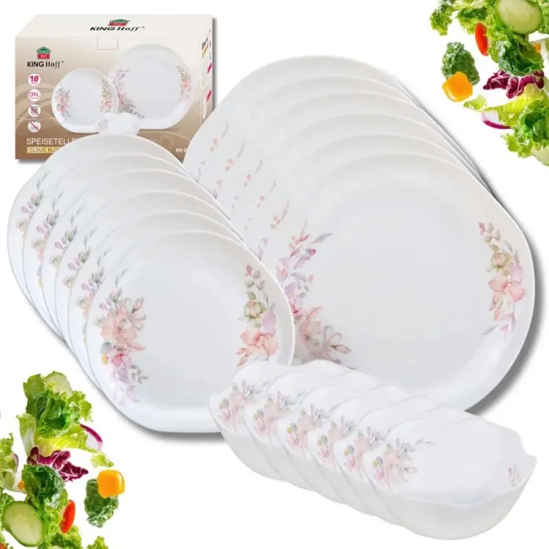 Set de masă Kinghoff KH 2035, 18 piese, pentru 6 persoane, sticlă opală, motiv floral, alb