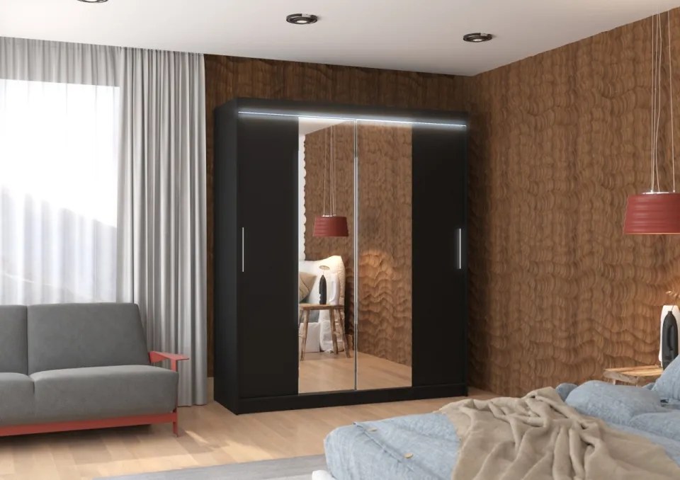 Dulap cu usi glisante si oglinda + iluminare LED, Dallas 180 + LED, 180 cmx200 cmx58 cm, ADRK Furniture (Culoare: Negru / Alb)