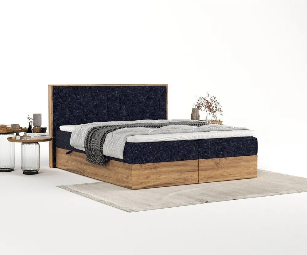 Pat boxspring albastru închis/în culoare naturală cu spațiu de depozitare 200x200 cm Asahi – Maison de Rêve